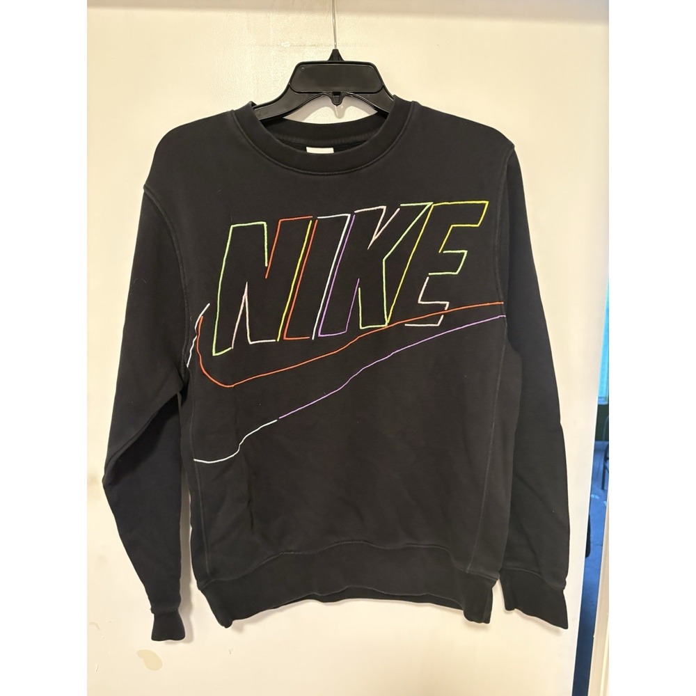 Nike Sweatshirt Mens S Black Crewneck Big Logo Embroidered Pullover Fleece